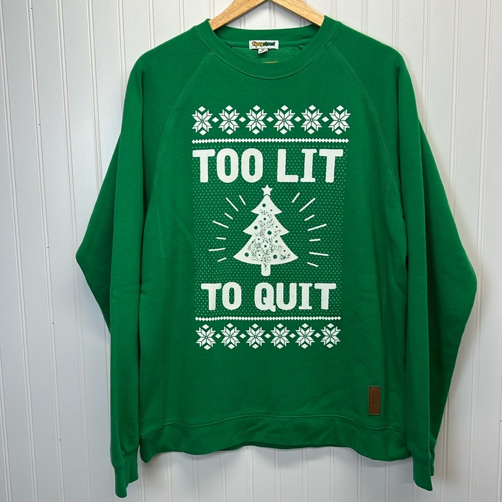 Tipsy Elves Christmas Sweatshirt Green‎ Sz XL ‘Too Lit To Quit’